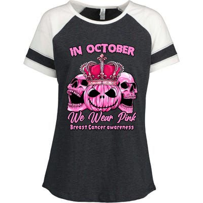 Breast Cancer In October We Wear Pink Pumpkin Skull Enza Ladies Jersey Colorblock Tee