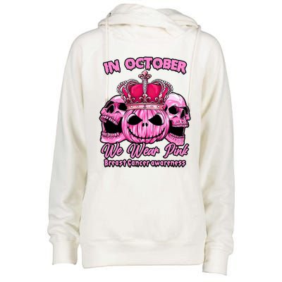 Breast Cancer In October We Wear Pink Pumpkin Skull Womens Funnel Neck Pullover Hood