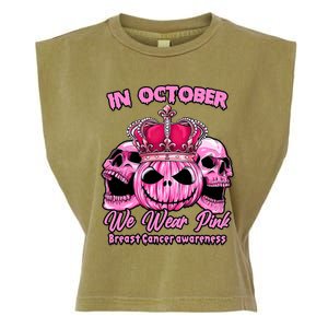 Breast Cancer In October We Wear Pink Pumpkin Skull Garment-Dyed Women's Muscle Tee