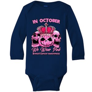 Breast Cancer In October We Wear Pink Pumpkin Skull Baby Long Sleeve Bodysuit