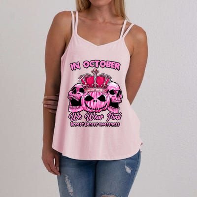 Breast Cancer In October We Wear Pink Pumpkin Skull Women's Strappy Tank