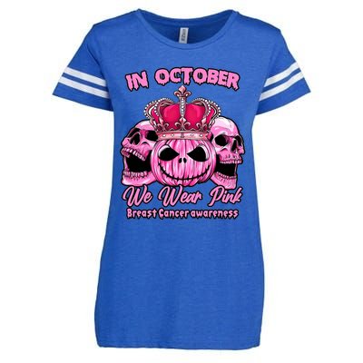 Breast Cancer In October We Wear Pink Pumpkin Skull Enza Ladies Jersey Football T-Shirt