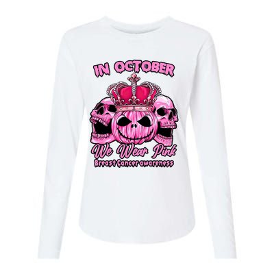 Breast Cancer In October We Wear Pink Pumpkin Skull Womens Cotton Relaxed Long Sleeve T-Shirt