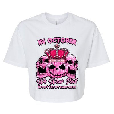 Breast Cancer In October We Wear Pink Pumpkin Skull Bella+Canvas Jersey Crop Tee