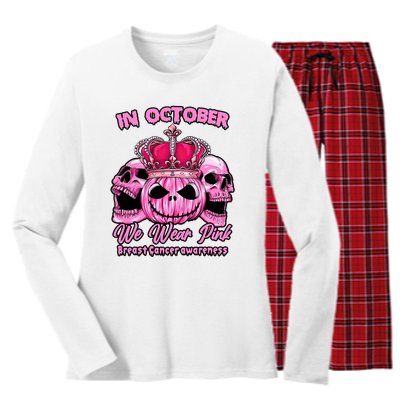 Breast Cancer In October We Wear Pink Pumpkin Skull Women's Long Sleeve Flannel Pajama Set 