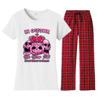 Breast Cancer In October We Wear Pink Pumpkin Skull Women's Flannel Pajama Set