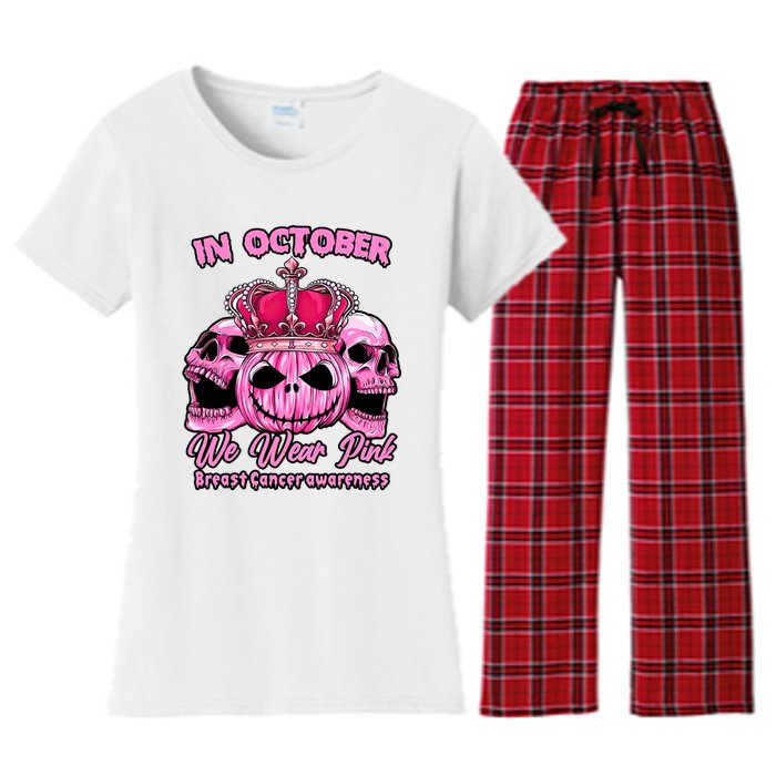 Breast Cancer In October We Wear Pink Pumpkin Skull Women's Flannel Pajama Set