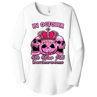 Breast Cancer In October We Wear Pink Pumpkin Skull Women's Perfect Tri Tunic Long Sleeve Shirt