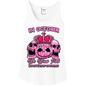 Breast Cancer In October We Wear Pink Pumpkin Skull Ladies Essential Tank