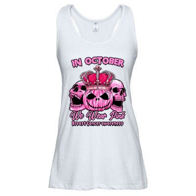 Breast Cancer In October We Wear Pink Pumpkin Skull Ladies Essential Flowy Tank