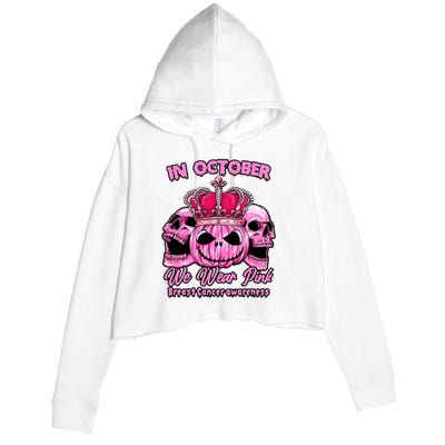 Breast Cancer In October We Wear Pink Pumpkin Skull Crop Fleece Hoodie