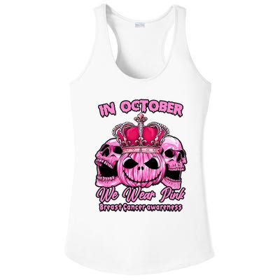 Breast Cancer In October We Wear Pink Pumpkin Skull Ladies PosiCharge Competitor Racerback Tank