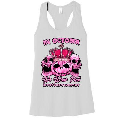 Breast Cancer In October We Wear Pink Pumpkin Skull Women's Racerback Tank