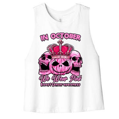 Breast Cancer In October We Wear Pink Pumpkin Skull Women's Racerback Cropped Tank