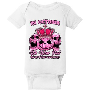 Breast Cancer In October We Wear Pink Pumpkin Skull Baby Bodysuit