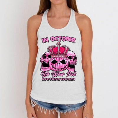 Breast Cancer In October We Wear Pink Pumpkin Skull Women's Knotted Racerback Tank