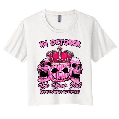 Breast Cancer In October We Wear Pink Pumpkin Skull Women's Crop Top Tee