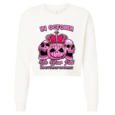 Breast Cancer In October We Wear Pink Pumpkin Skull Cropped Pullover Crew