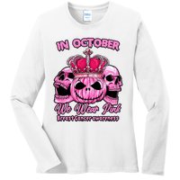 Breast Cancer In October We Wear Pink Pumpkin Skull Ladies Long Sleeve Shirt