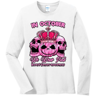 Breast Cancer In October We Wear Pink Pumpkin Skull Ladies Long Sleeve Shirt