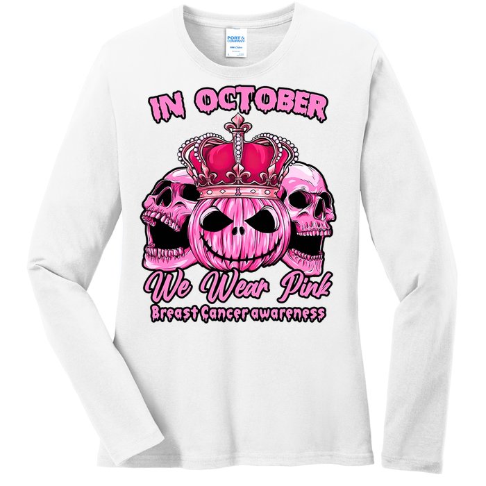 Breast Cancer In October We Wear Pink Pumpkin Skull Ladies Long Sleeve Shirt