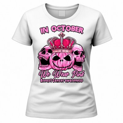 Breast Cancer In October We Wear Pink Pumpkin Skull Women's T-Shirt