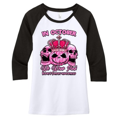 Breast Cancer In October We Wear Pink Pumpkin Skull Women's Tri-Blend 3/4-Sleeve Raglan Shirt