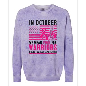 Breast Cancer In October Wear Pink Support Warrior American Flag Awareness Gift Colorblast Crewneck Sweatshirt