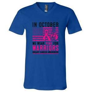 Breast Cancer In October Wear Pink Support Warrior American Flag Awareness Gift V-Neck T-Shirt