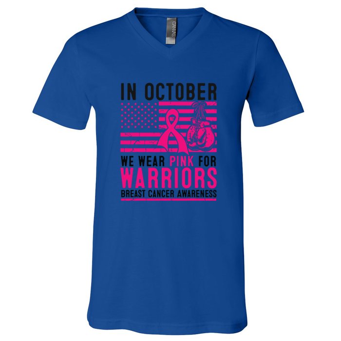 Breast Cancer In October Wear Pink Support Warrior American Flag Awareness Gift V-Neck T-Shirt