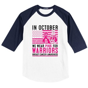 Breast Cancer In October Wear Pink Support Warrior American Flag Awareness Gift Baseball Sleeve Shirt