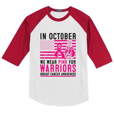 Breast Cancer In October Wear Pink Support Warrior American Flag Awareness Gift Kids Colorblock Raglan Jersey