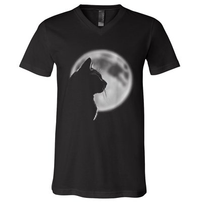 Black Cat In Front Of The Full Moon V-Neck T-Shirt