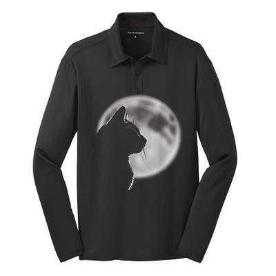 Black Cat In Front Of The Full Moon Silk Touch Performance Long Sleeve Polo