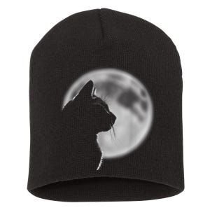 Black Cat In Front Of The Full Moon Short Acrylic Beanie