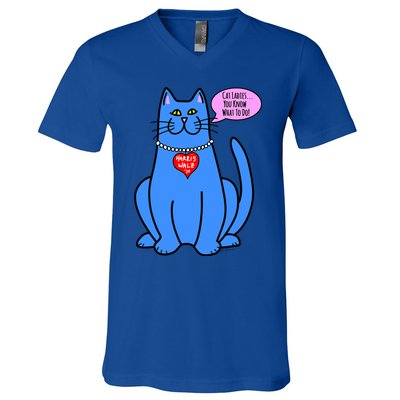 Blue Cat In Pearls Harris Walz 24 V-Neck T-Shirt