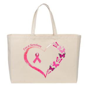 Breast Cancer I'm A Survivor Pink Butterfly Heart Awareness Cotton Canvas Jumbo Tote