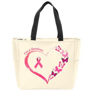 Breast Cancer I'm A Survivor Pink Butterfly Heart Awareness Zip Tote Bag