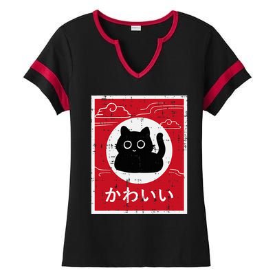 Black Cat Japanese Poster Kawaii Art Anime Ladies Halftime Notch Neck Tee