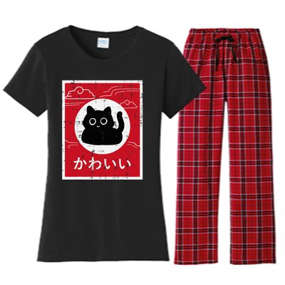 Black Cat Japanese Poster Kawaii Art Anime Women's Flannel Pajama Set