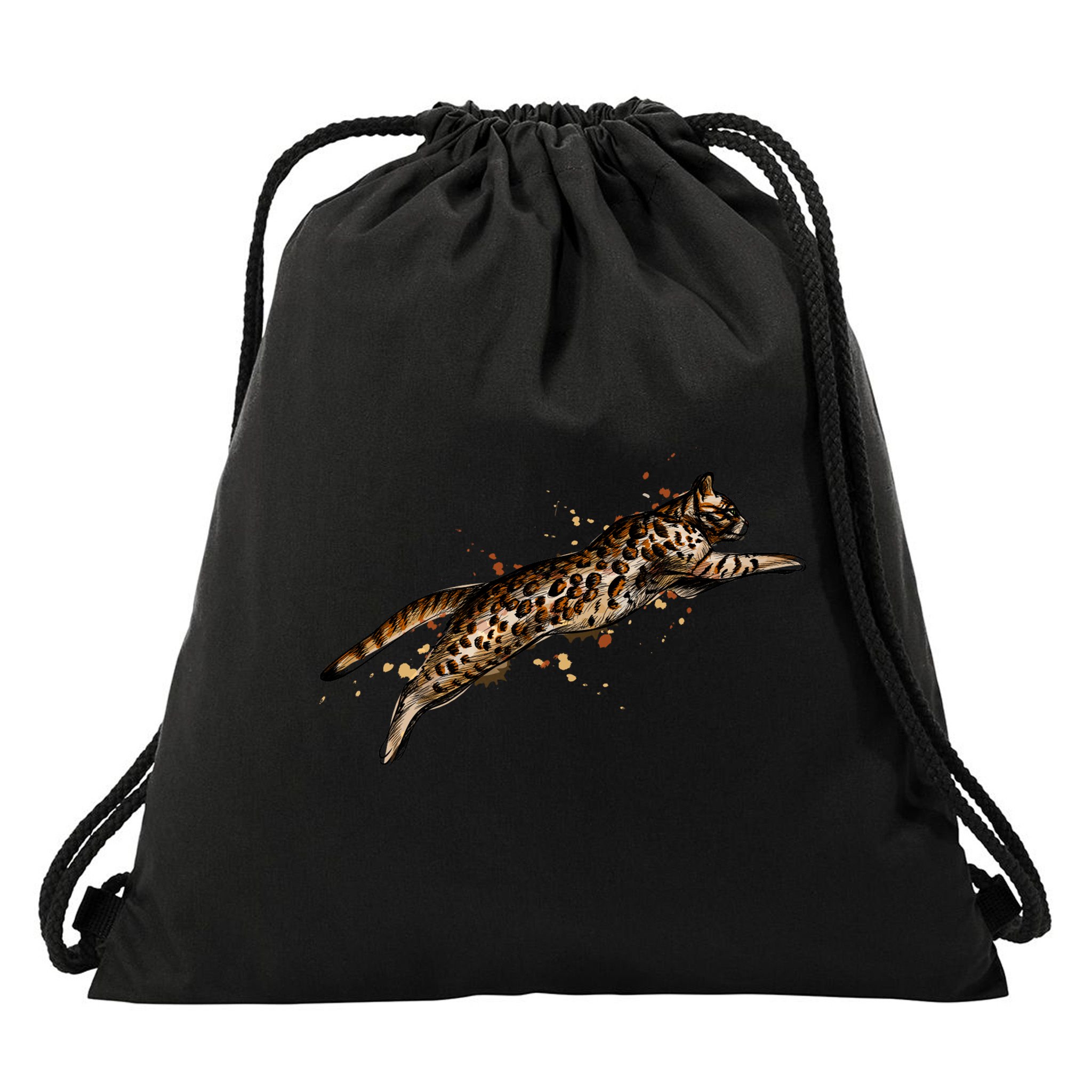 Bengal Cat Jumping From A Splash Drawstring Bag