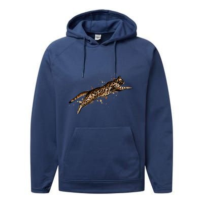 Bengal Cat Jumping From A Splash Performance Fleece Hoodie