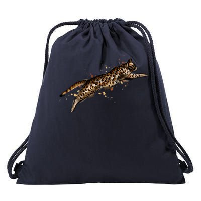 Bengal Cat Jumping From A Splash Drawstring Bag