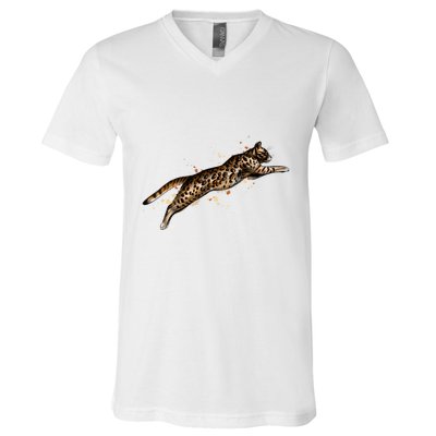 Bengal Cat Jumping From A Splash V-Neck T-Shirt