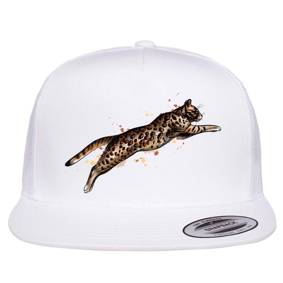 Bengal Cat Jumping From A Splash Flat Bill Trucker Hat