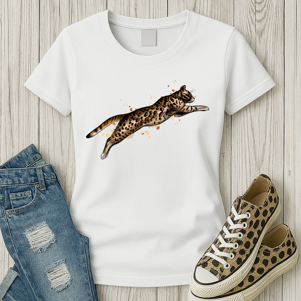 Bengal Cat Jumping From A Splash Womens T-Shirt