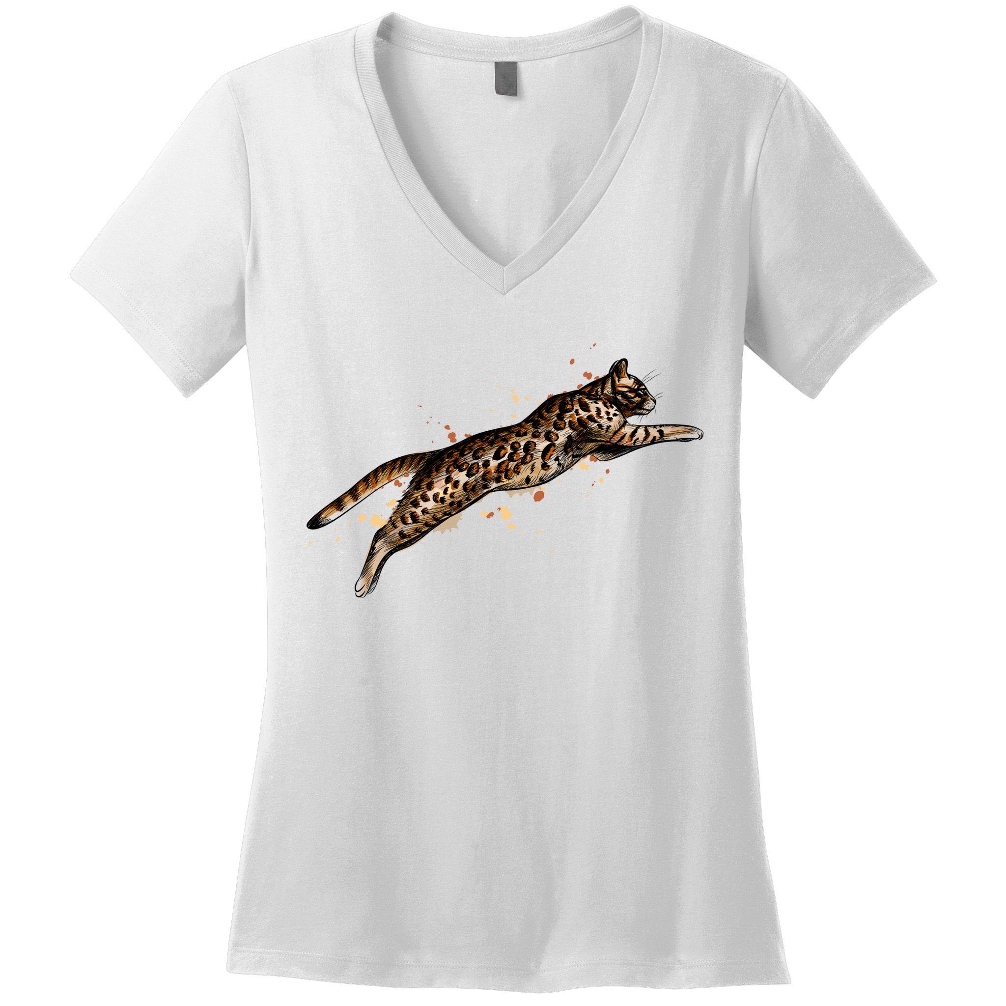 Bengal Cat Jumping From A Splash Women's V-Neck T-Shirt