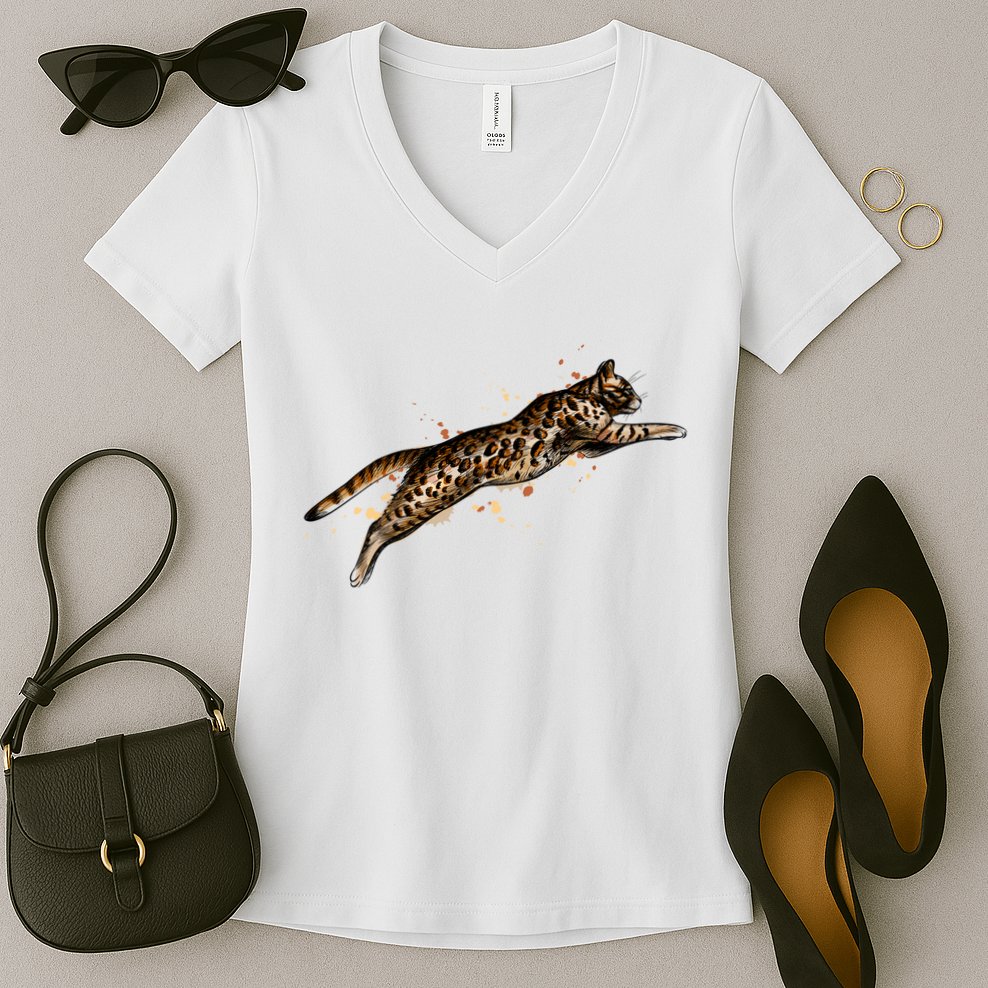 Bengal Cat Jumping From A Splash Women's V-Neck T-Shirt