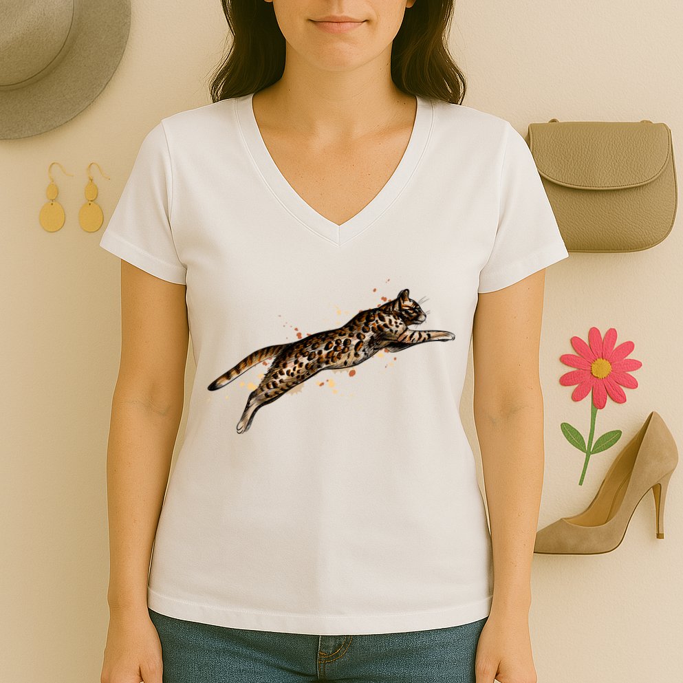 Bengal Cat Jumping From A Splash Women's V-Neck T-Shirt