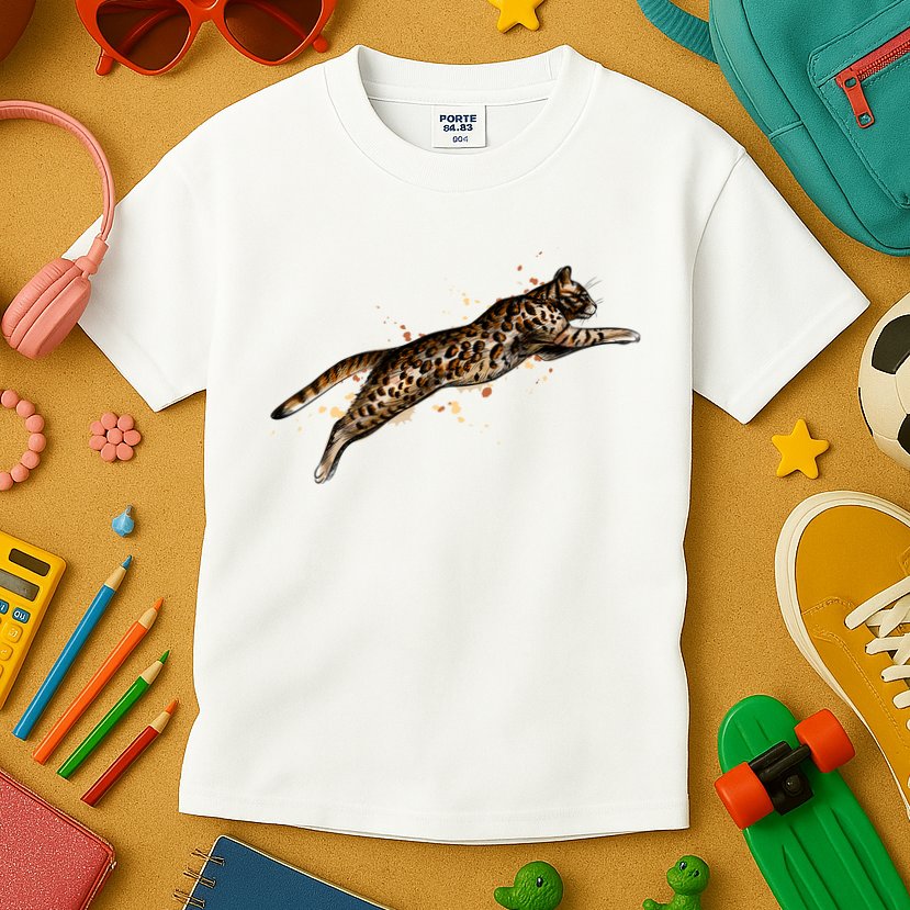 Bengal Cat Jumping From A Splash Kids T-Shirt